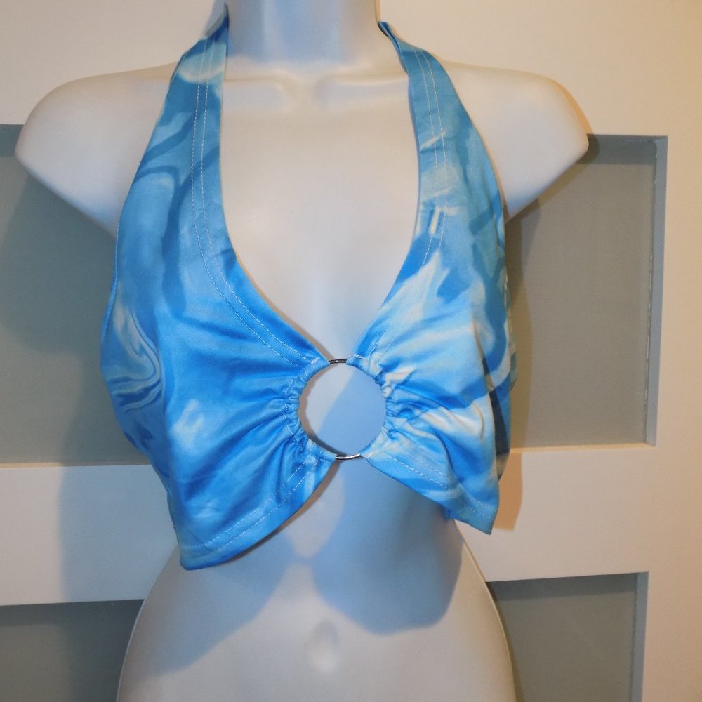 Shein Low Back Ring Detail Blue/White Tye Die Halter Top Size M Women's NWOT